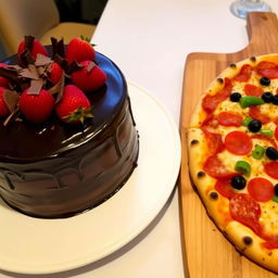 A mouthwatering display featuring a luscious chocolate cake with rich, dark frosting, adorned with fresh strawberries and shavings of chocolate on top, sitting on an elegant white plate