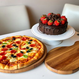 A mouthwatering display featuring a luscious chocolate cake with rich, dark frosting, adorned with fresh strawberries and shavings of chocolate on top, sitting on an elegant white plate