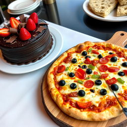 A mouthwatering display featuring a luscious chocolate cake with rich, dark frosting, adorned with fresh strawberries and shavings of chocolate on top, sitting on an elegant white plate