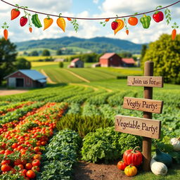 A visually appealing agricultural farm setting serving as the backdrop for a vibrant vegetable-themed party invitation