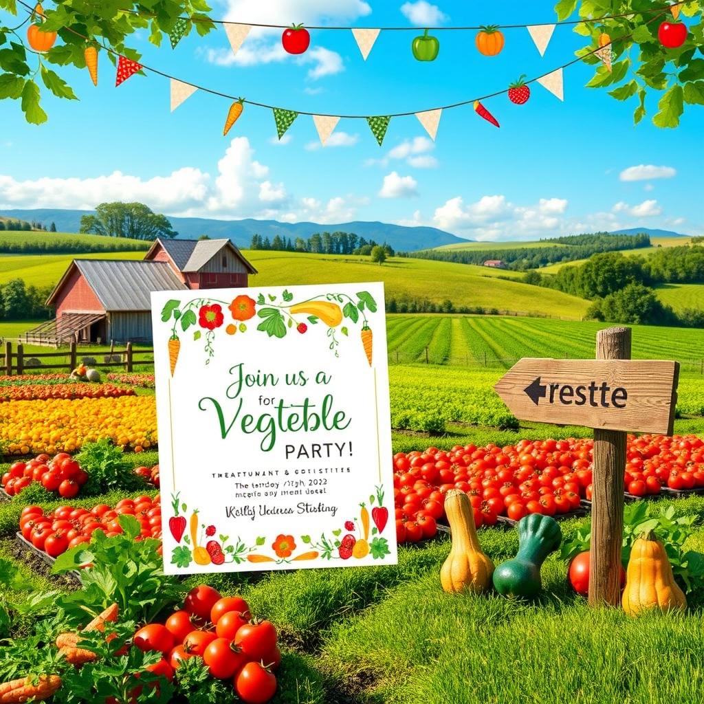 A visually appealing agricultural farm setting serving as the backdrop for a vibrant vegetable-themed party invitation