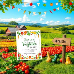 A visually appealing agricultural farm setting serving as the backdrop for a vibrant vegetable-themed party invitation