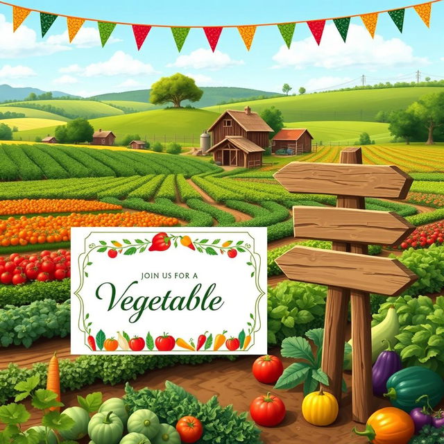 A visually appealing agricultural farm setting serving as the backdrop for a vibrant vegetable-themed party invitation