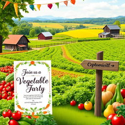 A visually appealing agricultural farm setting serving as the backdrop for a vibrant vegetable-themed party invitation