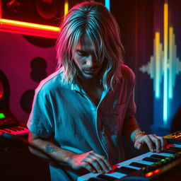 A portrait of a musician reminiscent of Kurt Cobain, featuring him with striking silver hair, passionately playing keyboards and synthesizers in a moody, artistic setting