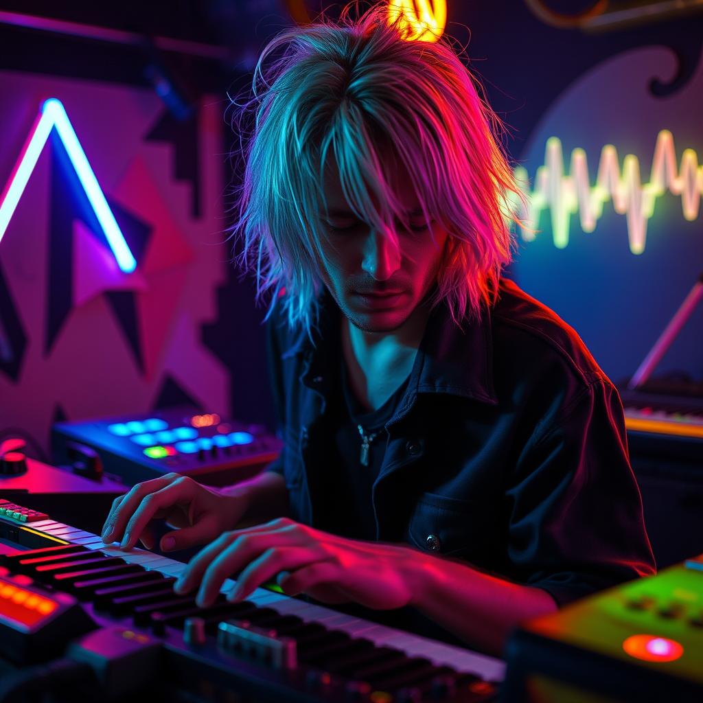A portrait of a musician reminiscent of Kurt Cobain, featuring him with striking silver hair, passionately playing keyboards and synthesizers in a moody, artistic setting