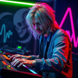 A portrait of a musician reminiscent of Kurt Cobain, featuring him with striking silver hair, passionately playing keyboards and synthesizers in a moody, artistic setting