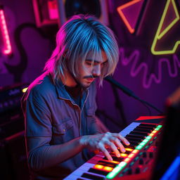 A portrait of a musician reminiscent of Kurt Cobain, featuring him with striking silver hair, passionately playing keyboards and synthesizers in a moody, artistic setting