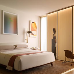 A contemporary bedroom with a stylish décor, featuring a king-sized bed, modern art on the walls, and subtle lighting