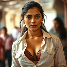 A 22-year-old Indian woman in a light-colored shirt, fully visible and slightly damp from sweat, with the top button open to reveal a brown bra underneath