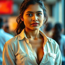 A 22-year-old Indian woman in a light-colored shirt, fully visible and slightly damp from sweat, with the top button open to reveal a brown bra underneath