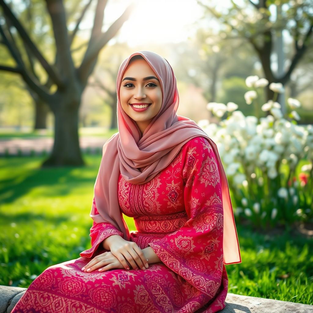A young woman wearing a stylish hijab, sitting in a beautiful park during springtime