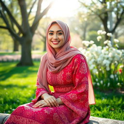 A young woman wearing a stylish hijab, sitting in a beautiful park during springtime