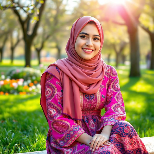 A young woman wearing a stylish hijab, sitting in a beautiful park during springtime