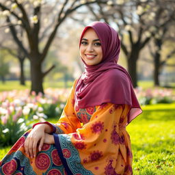 A young woman wearing a stylish hijab, sitting in a beautiful park during springtime