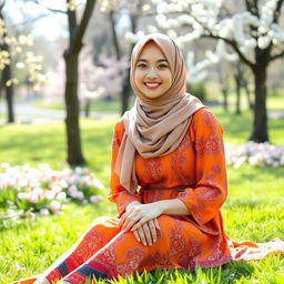 A young woman wearing a stylish hijab, sitting in a beautiful park during springtime
