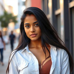 A portrait of a 22-year-old Indian woman wearing a casual shirt and a brown bra underneath, exuding confidence and style
