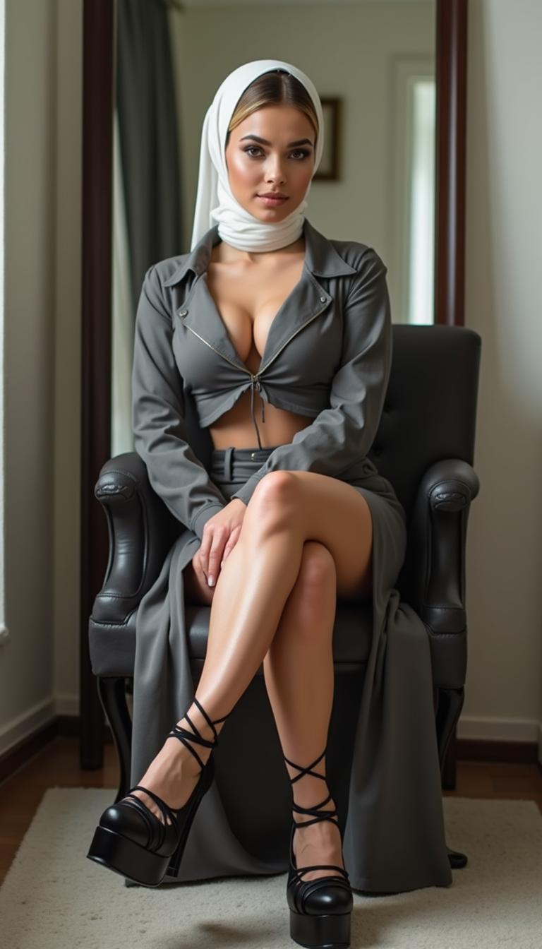 A classy woman aged 55, sitting elegantly in front of a mirror, crossing her legs in a confident posture