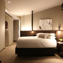 A contemporary bedroom with a stylish décor, featuring a king-sized bed, modern art on the walls, and subtle lighting