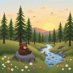 A whimsical bear-themed background featuring a serene forest scene