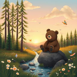 A whimsical bear-themed background featuring a serene forest scene