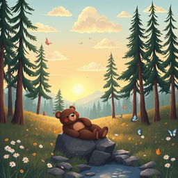 A whimsical bear-themed background featuring a serene forest scene