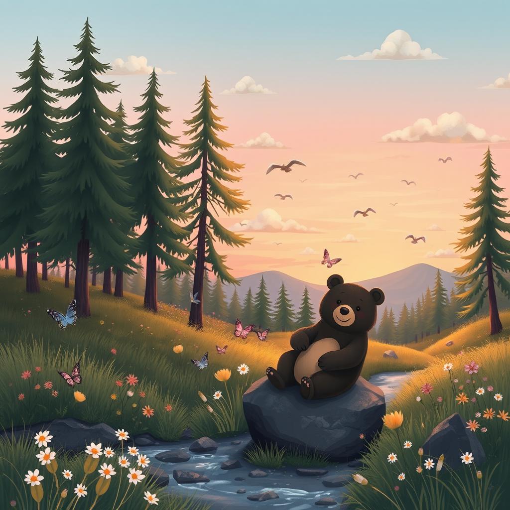 A whimsical bear-themed background featuring a serene forest scene