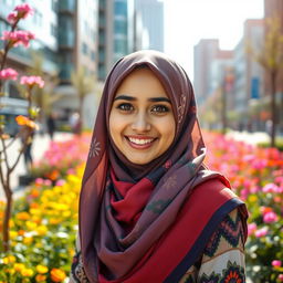 A beautiful young woman wearing a colorful hijab, showcasing her radiant smile and sparkling eyes