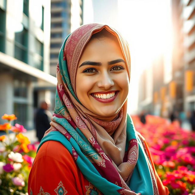 A beautiful young woman wearing a colorful hijab, showcasing her radiant smile and sparkling eyes
