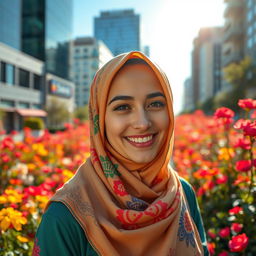 A beautiful young woman wearing a colorful hijab, showcasing her radiant smile and sparkling eyes
