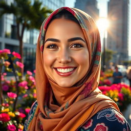 A beautiful young woman wearing a colorful hijab, showcasing her radiant smile and sparkling eyes