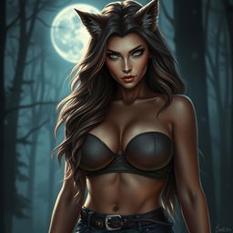 A stunningly hot female werewolf with soft, wavy hair cascading down her shoulders