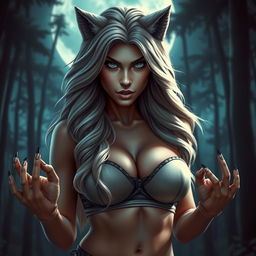 A stunningly hot female werewolf with soft, wavy hair cascading down her shoulders