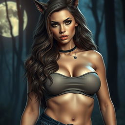 A stunningly hot female werewolf with soft, wavy hair cascading down her shoulders