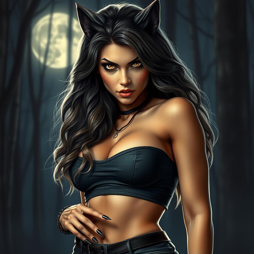 A stunningly hot female werewolf with soft, wavy hair cascading down her shoulders
