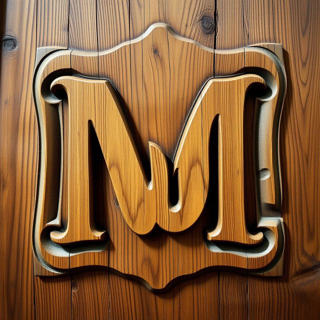 A beautifully carved wooden panel featuring a prominent three-letter 'M' design