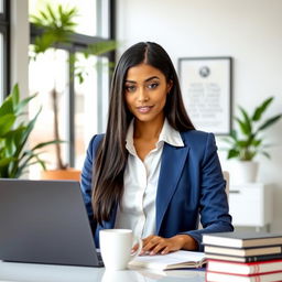 A professional female employee working in a modern office environment