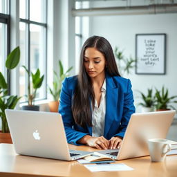 A professional female employee working in a modern office environment