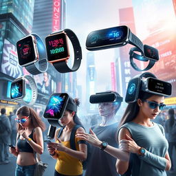 A visually stunning representation of wearable technology, showcasing various futuristic gadgets such as smartwatches, augmented reality glasses, and fitness trackers