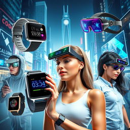 A visually stunning representation of wearable technology, showcasing various futuristic gadgets such as smartwatches, augmented reality glasses, and fitness trackers