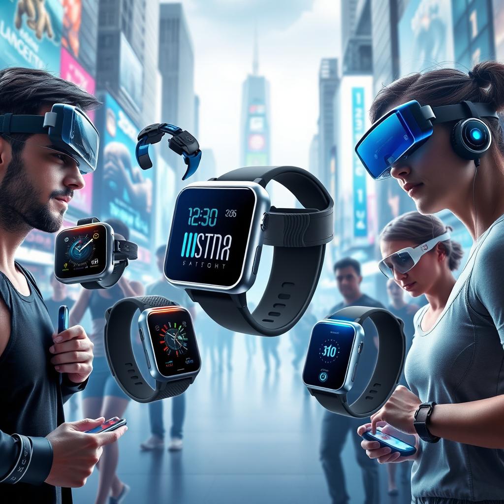 A visually stunning representation of wearable technology, showcasing various futuristic gadgets such as smartwatches, augmented reality glasses, and fitness trackers