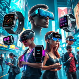 A visually stunning representation of wearable technology, showcasing various futuristic gadgets such as smartwatches, augmented reality glasses, and fitness trackers