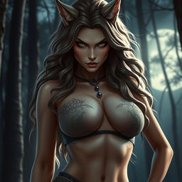A hot and sexy female werewolf with soft, wavy hair, wearing a stylish crop top that accentuates her very large and plump breasts