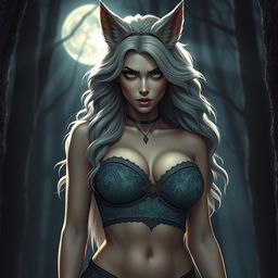 A hot and sexy female werewolf with soft, wavy hair, wearing a stylish crop top that accentuates her very large and plump breasts