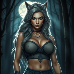 A hot and sexy female werewolf with soft, wavy hair, wearing a stylish crop top that accentuates her very large and plump breasts