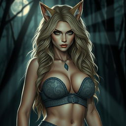 A hot and sexy female werewolf with soft, wavy hair, wearing a stylish crop top that accentuates her very large and plump breasts