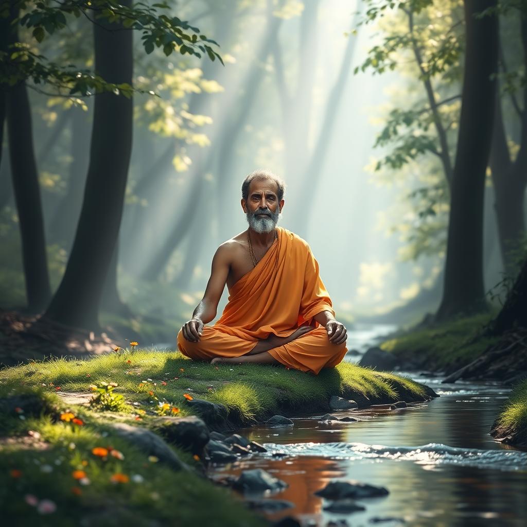A serene depiction of a Brahmachari, a dedicated individual practicing celibacy and spirituality