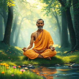 A serene depiction of a Brahmachari, a dedicated individual practicing celibacy and spirituality