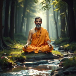 A serene depiction of a Brahmachari, a dedicated individual practicing celibacy and spirituality