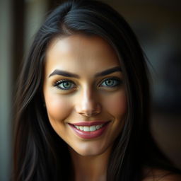 A captivating portrait of a beautiful woman with striking features, her eyes gazing directly into the camera